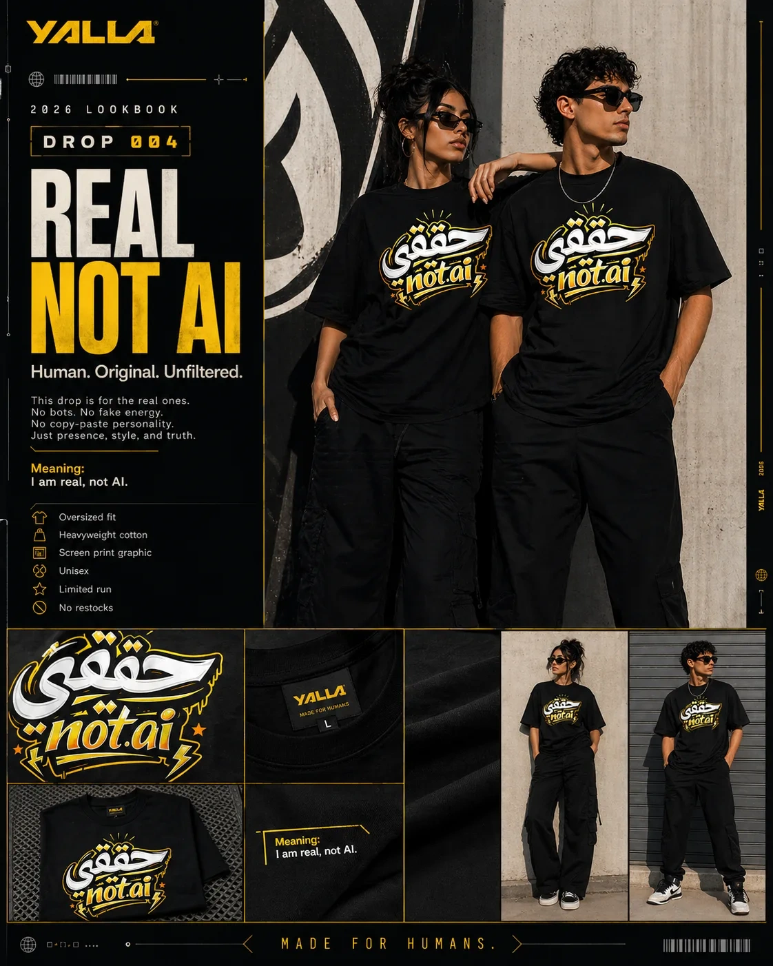 "Real Not AI" Arabic Typography Streetwear Tee lookbook