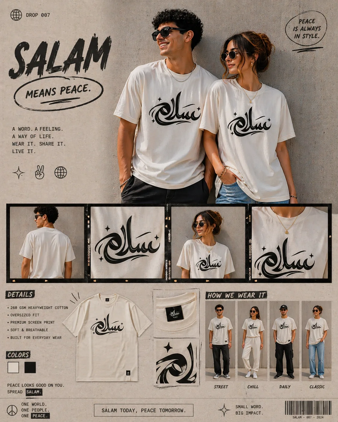 Salam (Peace) Arabic Graphic Tee | Retro Streetwear Staple editorial