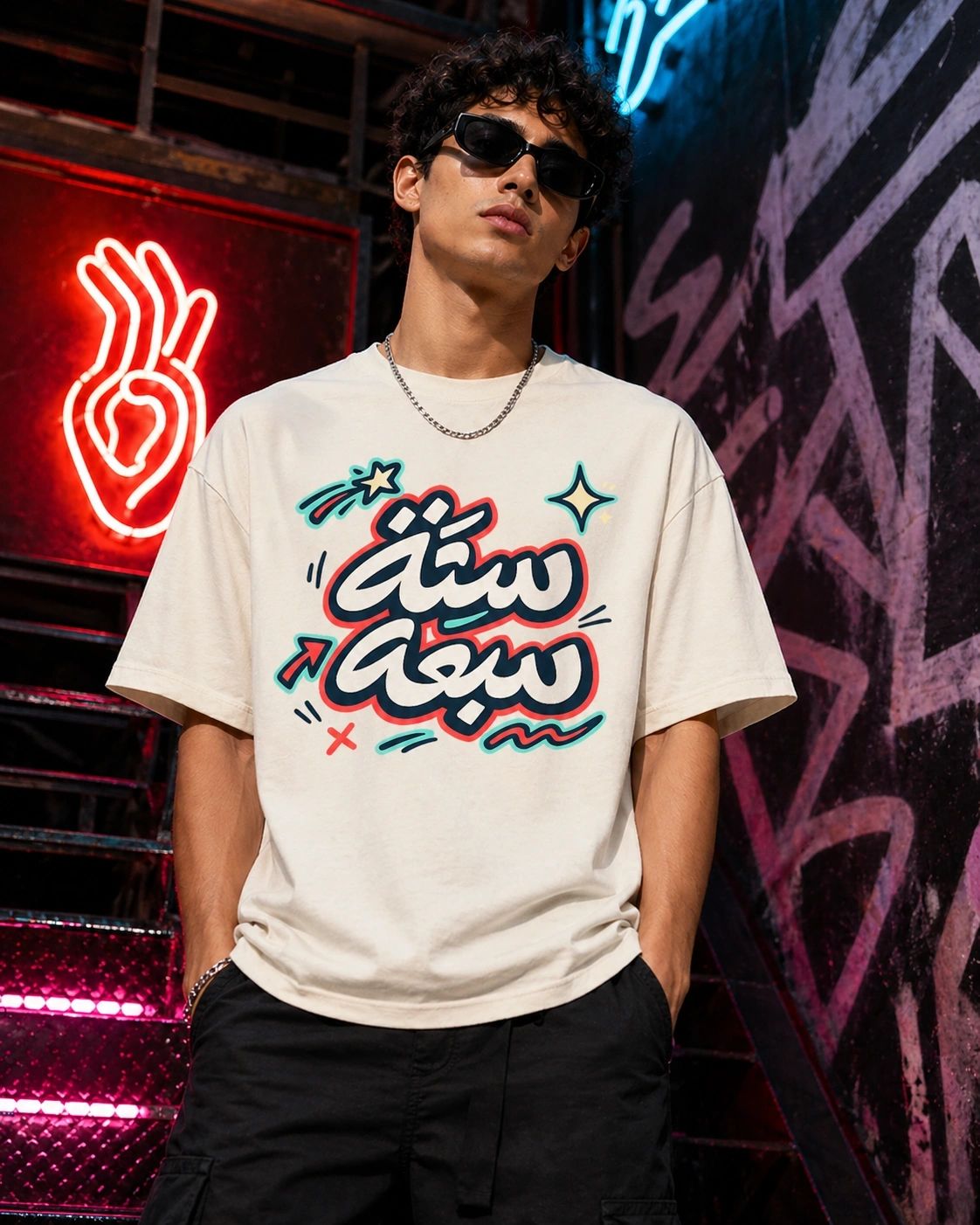 Six Seven Pop Art Tee featuring bold Arabic calligraphy in a modern streetwear style.