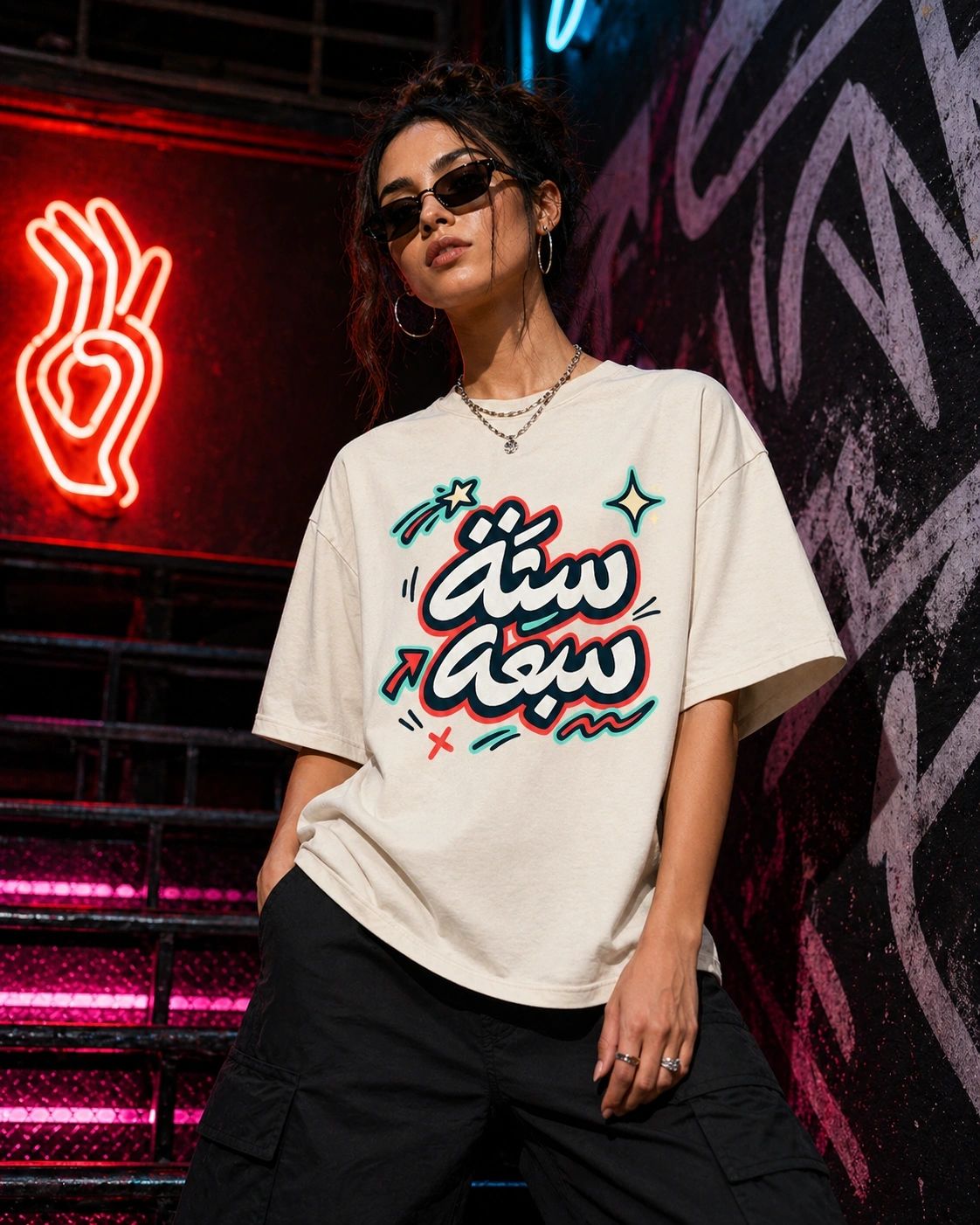 Six Seven Pop Art Tee featuring vibrant Arabic calligraphy in a modern streetwear style.