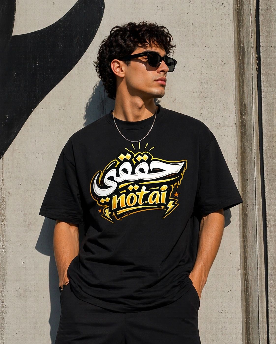 Real Not AI Arabic typography streetwear black cotton t-shirt with bold white graphic print.