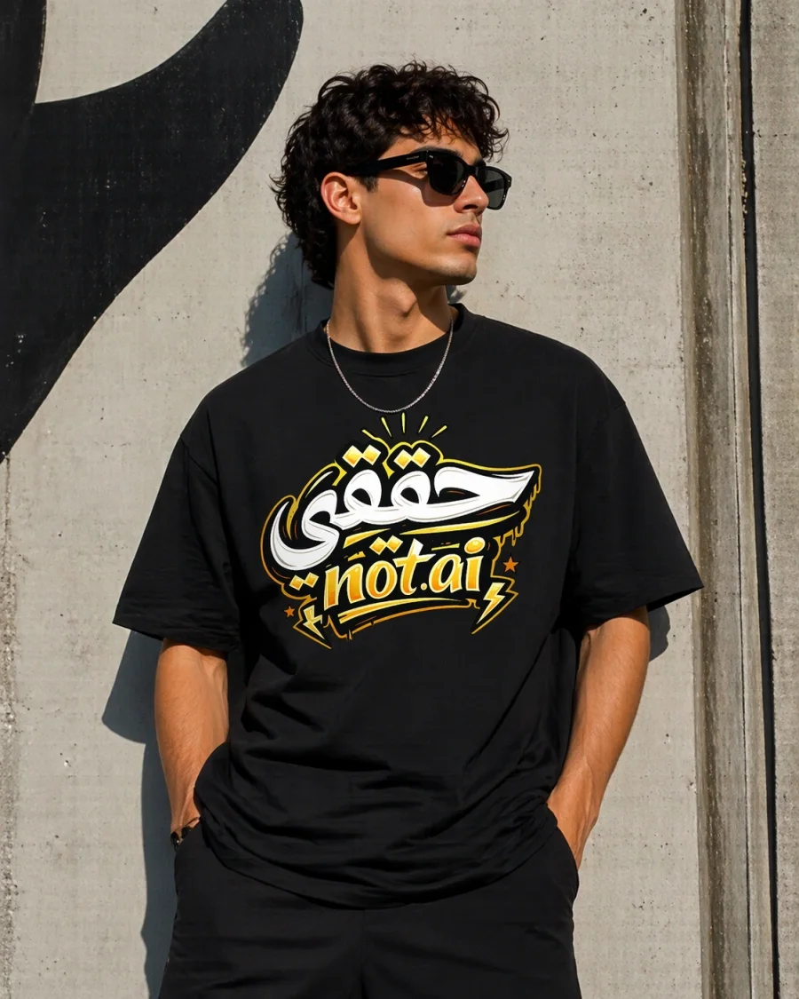 Real Not AI Arabic typography streetwear black cotton t-shirt with bold white graphic print.