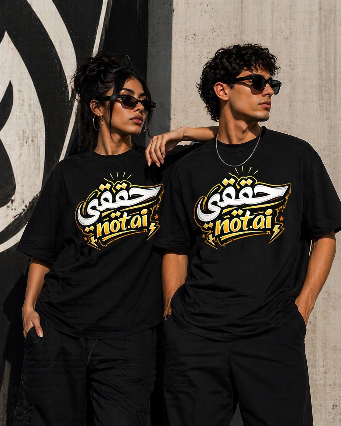 Real Not AI streetwear t-shirt featuring bold Arabic typography design on premium cotton fabric.
