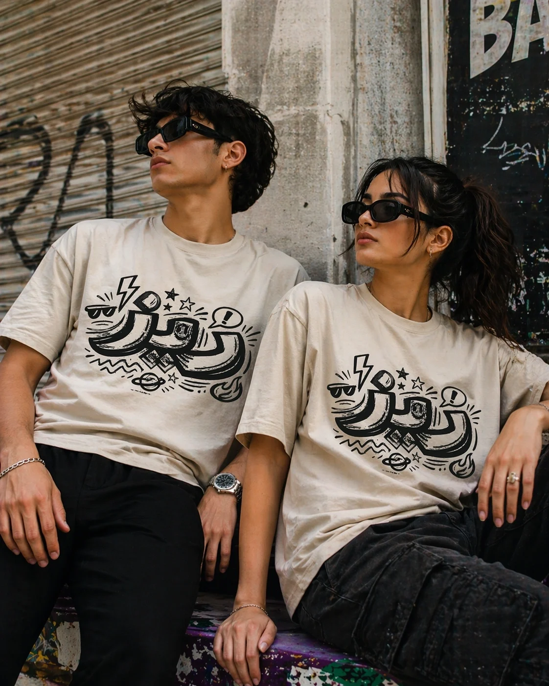 Arabic Rizz graphic tee in a retro streetwear style with bold typography for a trendy urban look.