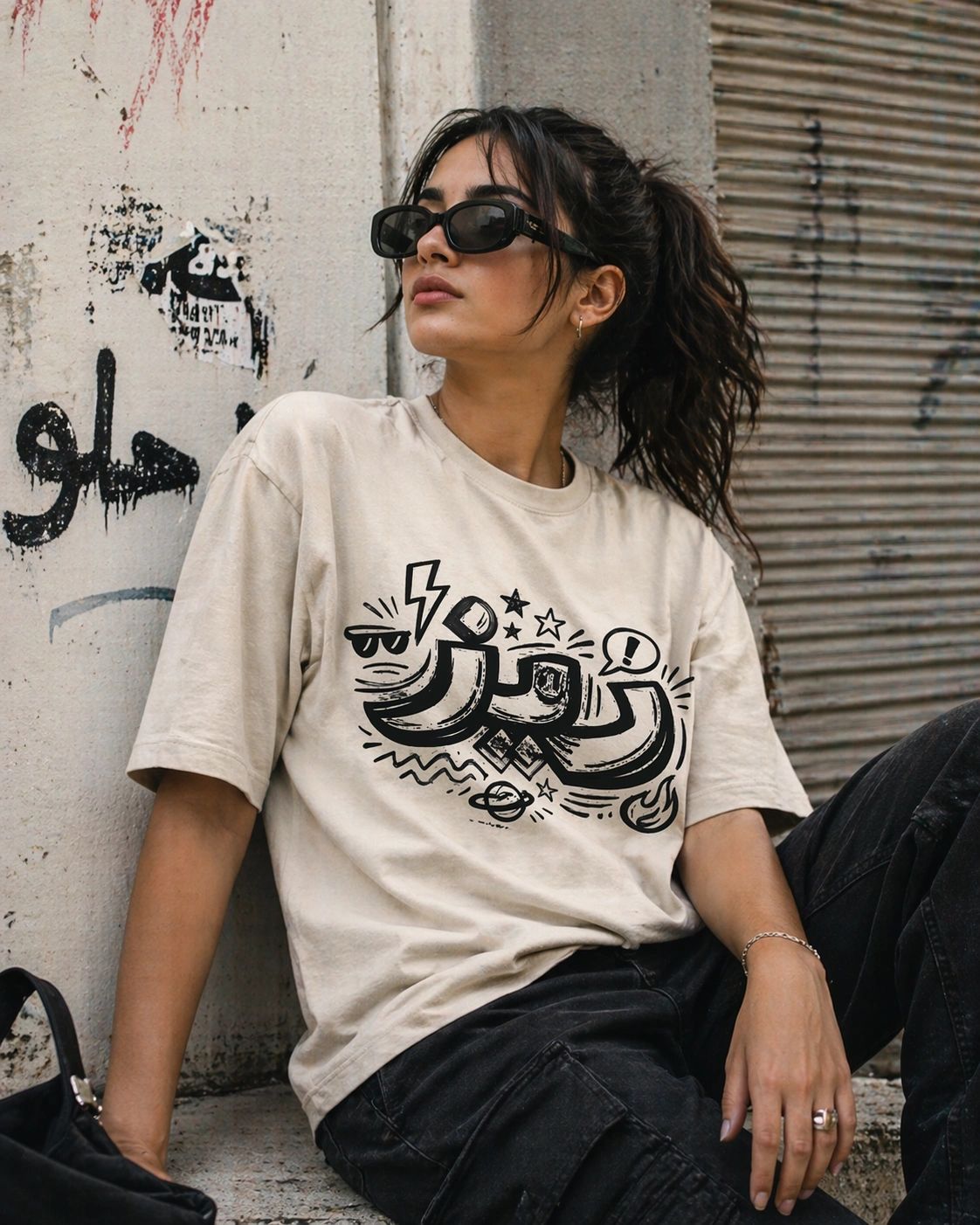 Arabic Rizz graphic tee in a retro streetwear style with bold typography for a trendy urban look.