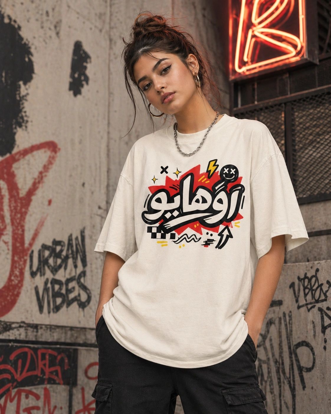 Ohio Arabic Script Tee in retro blue and red graphic print on a comfortable cotton t-shirt.