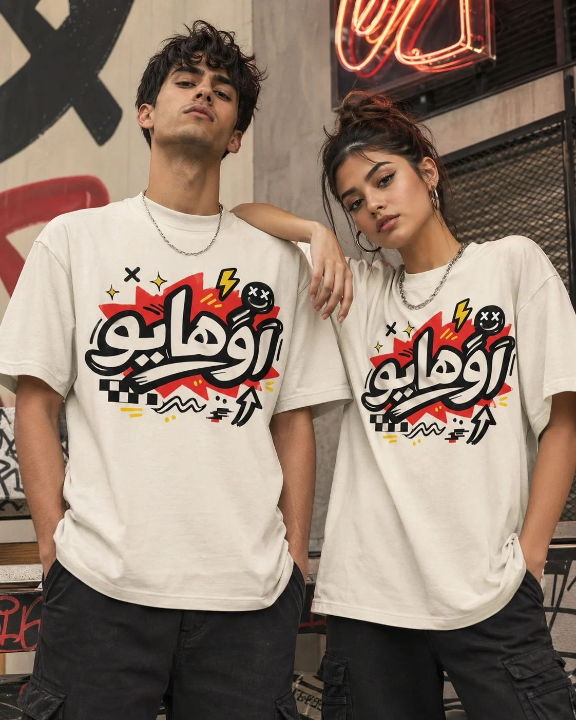Retro Ohio Arabic Script t-shirt in blue and red graphic print.