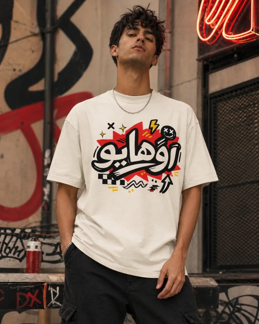 Retro Ohio Arabic script graphic tee in blue and red on a comfortable cotton t-shirt.
