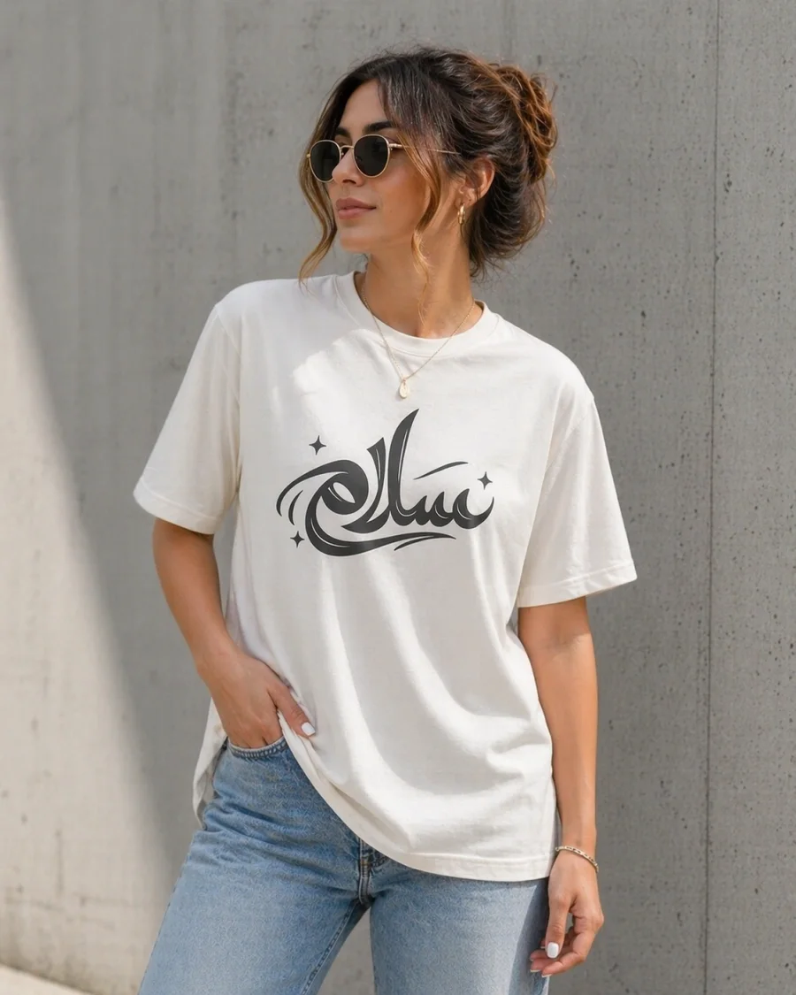 Salam Arabic graphic tee, retro streetwear staple featuring vintage-style calligraphy for an urban aesthetic.